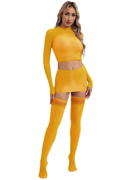 Womens Crop Top And Skirt With Stockings Round Neck Nightwear Tempting Glossy