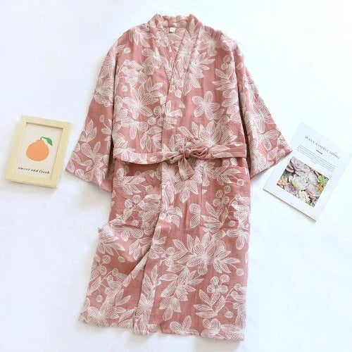 Women's Printed Cotton Loose Fitting Bathrobe Tie Up Sweat Steaming Robes