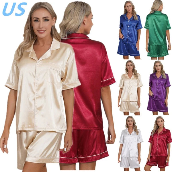 AU Womens Solid Satin Pajamas Set Tops with Shorts 2 Piece Sleepwear Loungewear