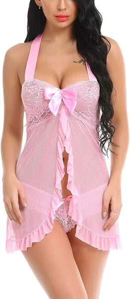 Pink-Women-Sexy-Lingerie-Sleepwear-Lace-Panties-Underwear-Nightwear-Babydoll-Set