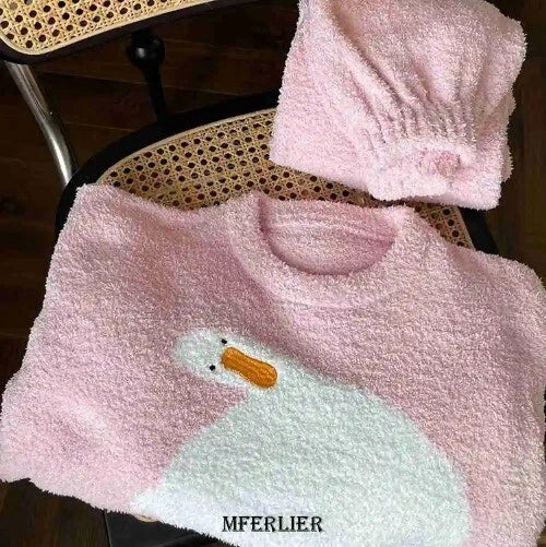 2024 Warm Flannel Pajamas for Women Sweet Velvet Thicken Loose Sleepwear Set