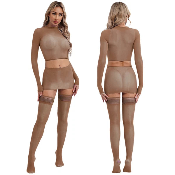 Womens Crop Top And Skirt With Stockings Round Neck Nightwear Tempting Glossy