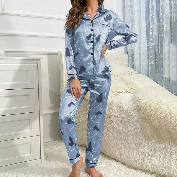 Women Silk Satin Pajamas Set Long Sleeve Button-Down Sleepwear Loungewear Charm