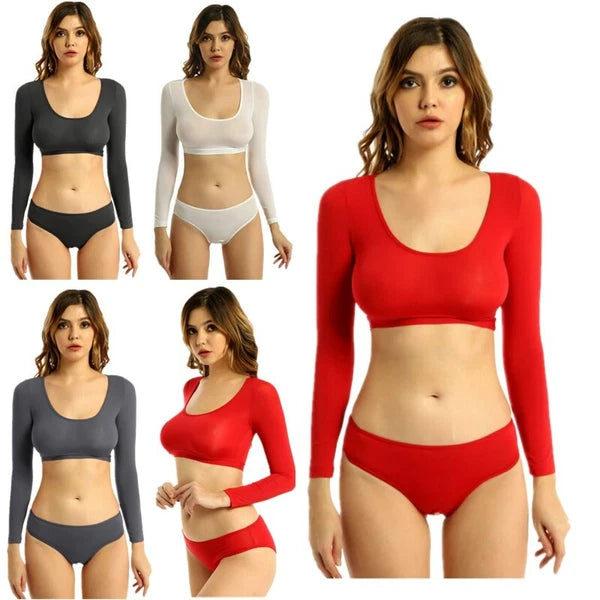 Womens Two-piece Underwear Lingerie Babydoll Long Sleeve Crop Top Brief Clubwear