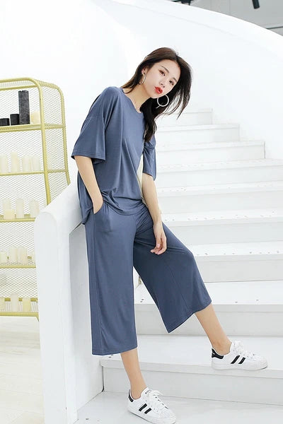 Plus Size XL 150KG Women Modal Pajamas Sets Short Sleeve Top + Calf-Length Pants