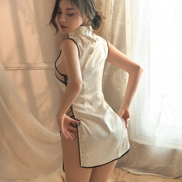 Straps Cheongsam Uniform Pajamas Cosplay Mesh Dress Women Sleepwear Set