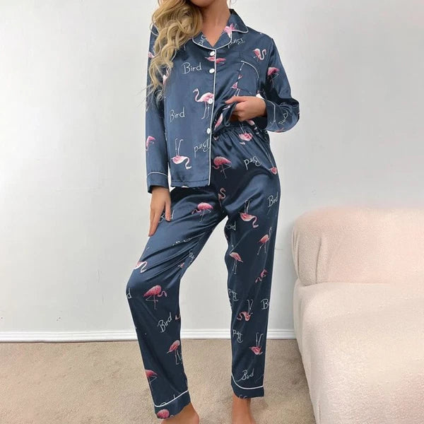 Women Silk Satin Pajamas Set Long Sleeve Button-Down Sleepwear Loungewear Charm