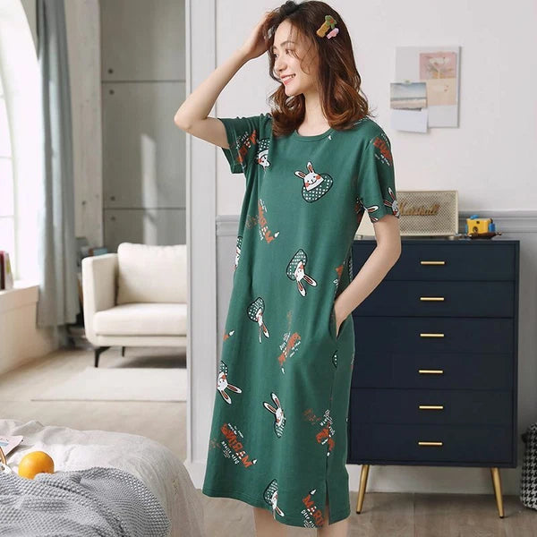 Summer Women's Sleep Shirt Dress Short Sleeve Cotton Casual Nightwear Pajama Set
