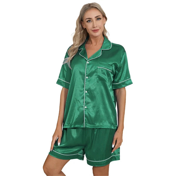 AU Women's Satin Pajamas Short Sleeve Top with Shorts Sleepwear Loungewear Set