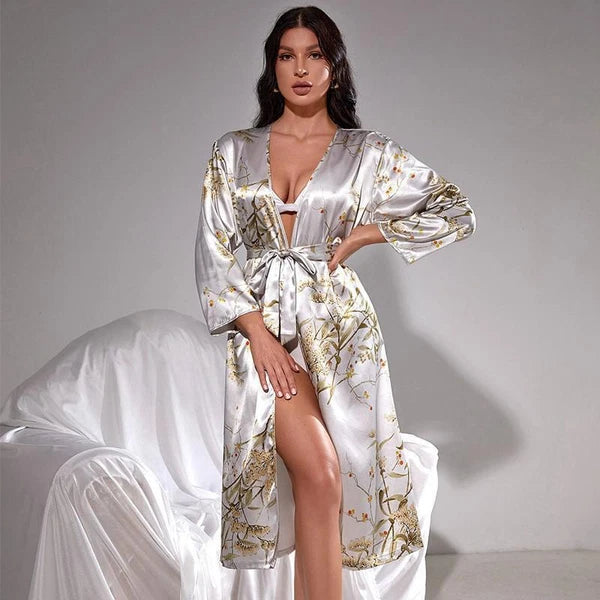 2023 Printed bathrobe pajamas, summer 4-piece set, women's sexy kimono