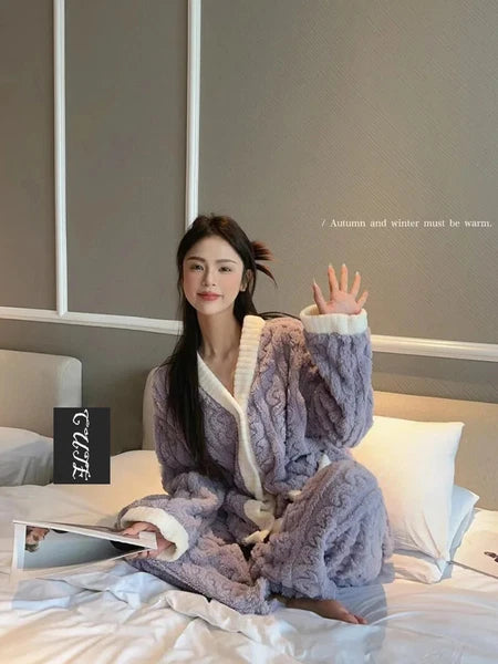 2pcs/Set Autumn and Winter Pajamas Women Thickened Padded Warm Students Coral