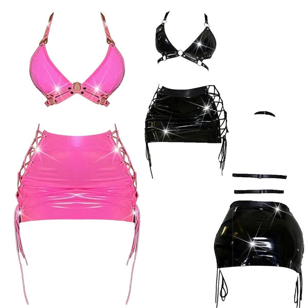 Womens Lingerie Sexy Set Role Play Mini Skirt Wet Look Sleepwear Camisole Bra