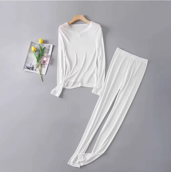 Women Silk Thermal Lace Long Johns Top & Bottom Set Soft Mulberry Silk Underwear