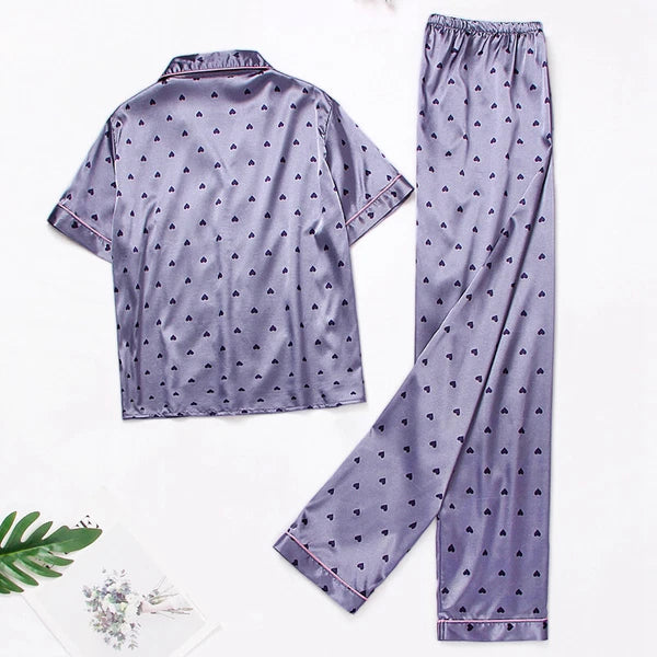 Women's Silk Satin Pajamas Set Short Sleeve Print Sleepwear Nightwear Pyjamas PJ