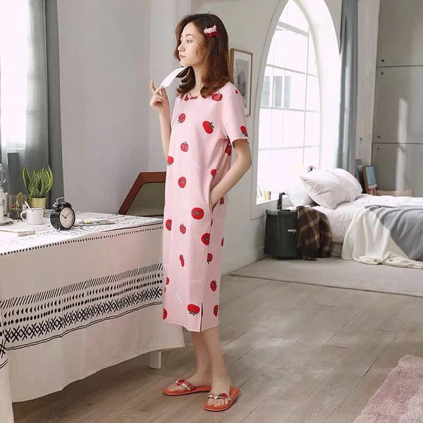 Summer Women's Sleep Shirt Dress Short Sleeve Cotton Casual Nightwear Pajama Set