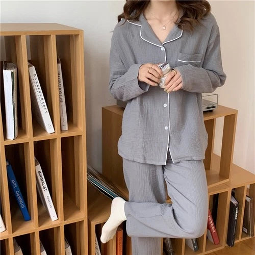 Spring Pajama Set Women Pure Cotton Crepe Long Sleeve Pajamas Suit Layer Gauze