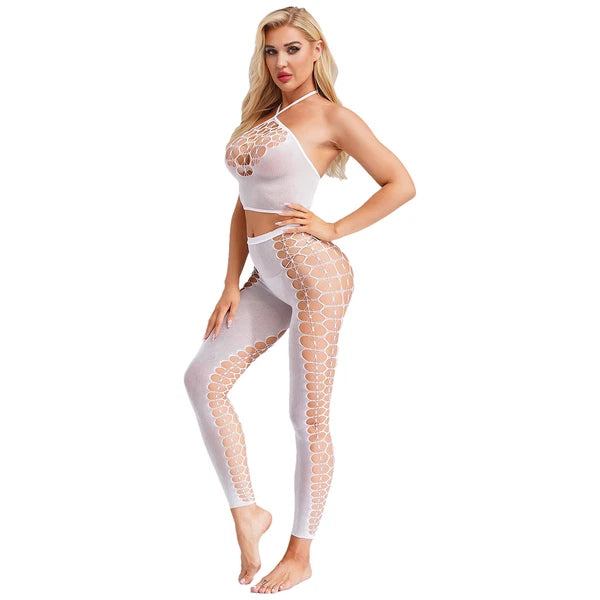 Womens Hollow Out Translucent Lingerie Set Stretchy Fishnet Solid Color Tights