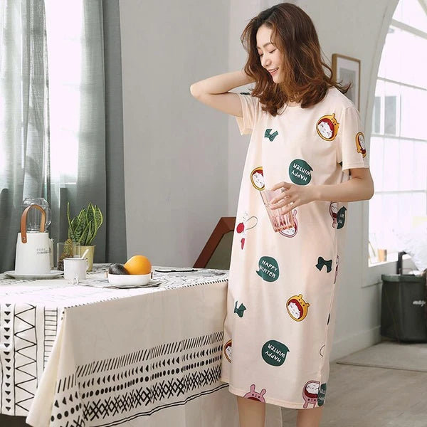 Summer Women's Sleep Shirt Dress Short Sleeve Cotton Casual Nightwear Pajama Set