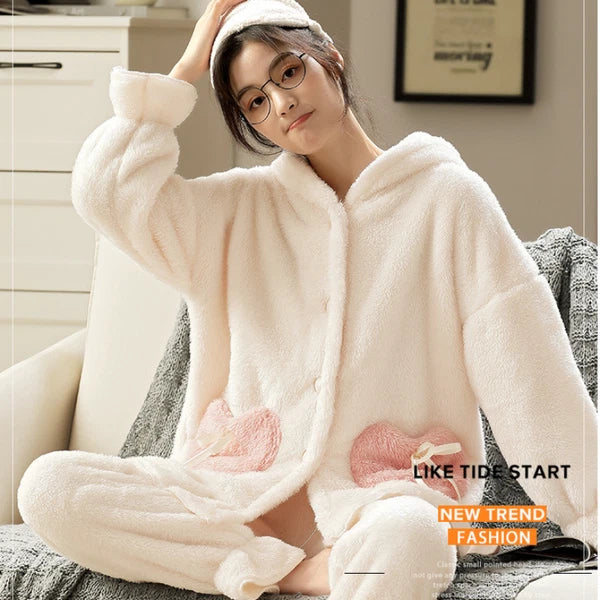 Women Winter Warm Hooded Set Flannel Sleepwear Pajamas Nightwear Loungewear