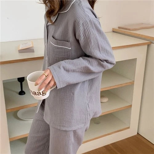 Spring Pajama Set Women Pure Cotton Crepe Long Sleeve Pajamas Suit Layer Gauze
