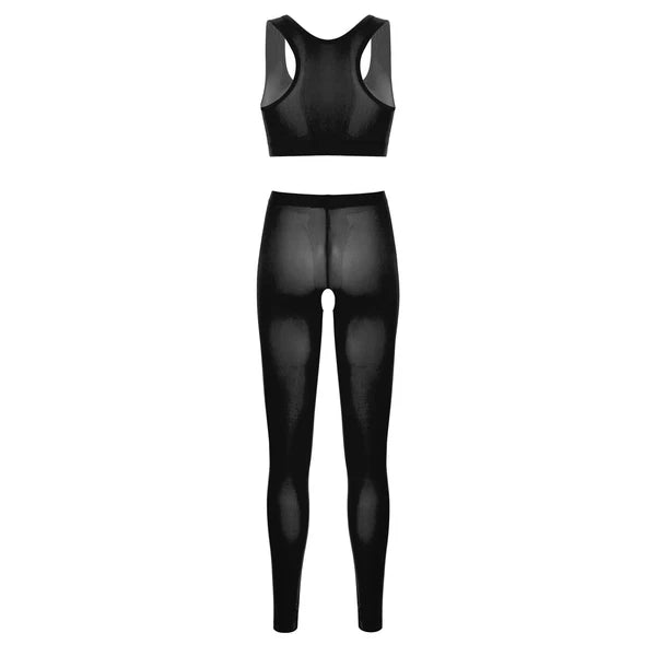 Women 2pcs Lingerie Set Sleeveless Crop Top High Waist Crotchless Leggings Pants