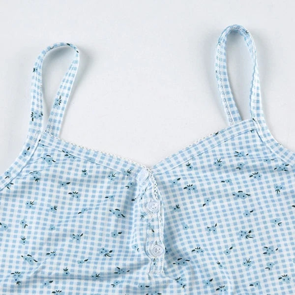 Floral Two Piece Sleepwear Plaid Summer Nightdress Women Summer-