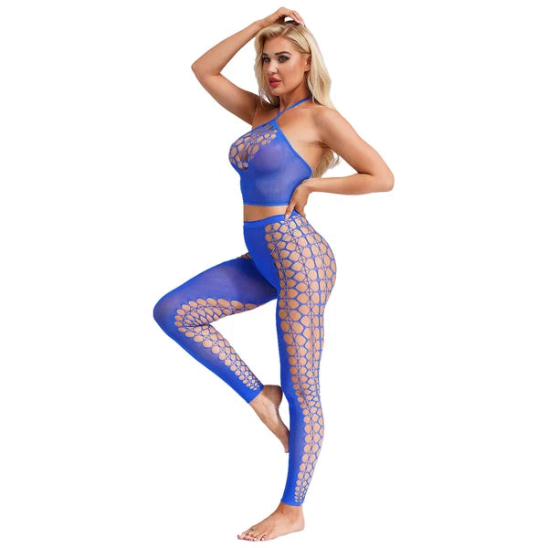 Womens Hollow Out Translucent Lingerie Set Stretchy Fishnet Solid Color Tights
