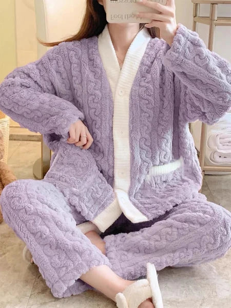 2pcs/Set Autumn and Winter Pajamas Women Thickened Padded Warm Students Girls