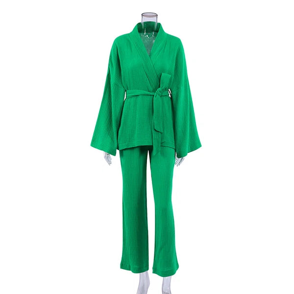 100% cotton women's nightgown pajamas set flared pajamas trousers set 2pcs