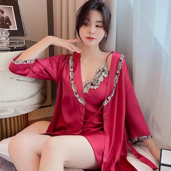 2023 Women's summer short sleeved thin satin pajama robe 2-piece set