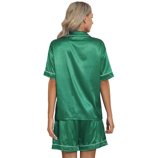 Women's 2PCS Satin Pajamas Set Short Sleeves Button Shirt with Shorts AU