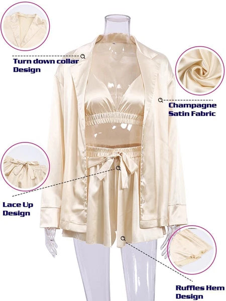 2023 Bathrobe set, women's 3-piece set, pleated robe, women's pajama set