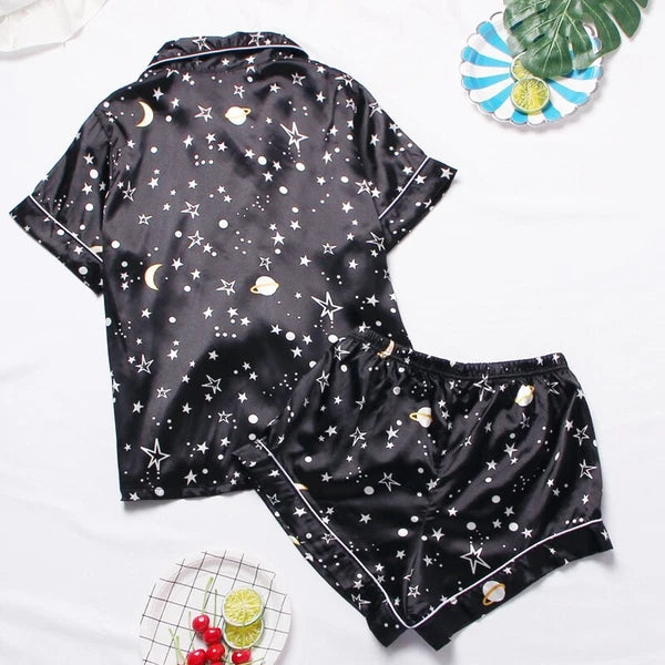 Women's Silk Satin Pajamas Set Short Sleeve Print Sleepwear Nightwear Pyjamas PJ