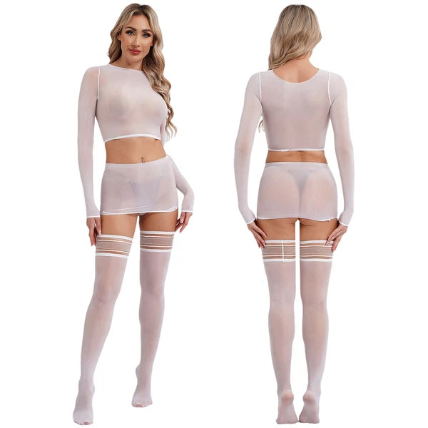 Womens Crop Top And Skirt With Stockings Round Neck Nightwear Tempting Glossy