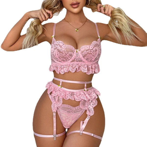Pink-Women-Sexy-Lingerie-Sleepwear-Lace-Panties-Underwear-Nightwear-Babydoll-Set