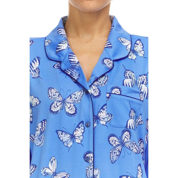 NWT Flora by Flora Nikrooz Womens Blue Butterflys Notch Collar PJ With Shorts