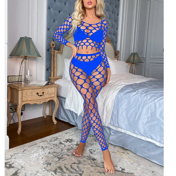 Womens Lingerie Sets Hollow Out See-Through Fishnet Nightwear Crop Top Leggings