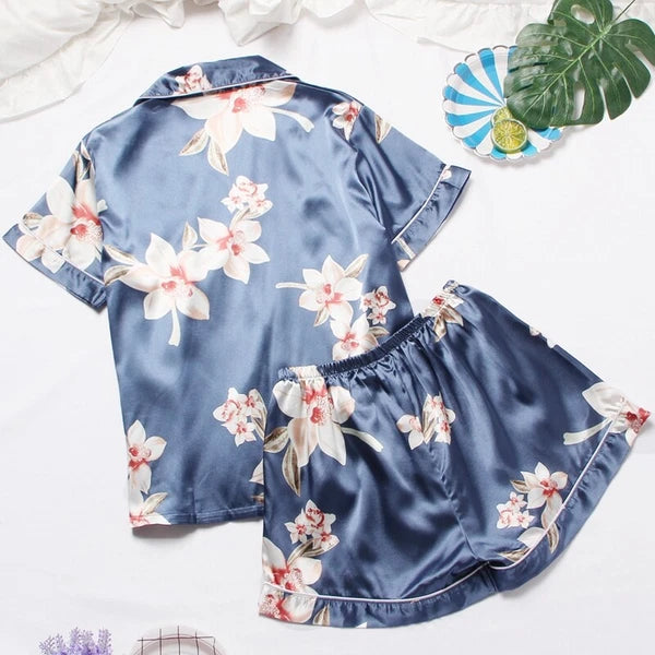 Women's Silk Satin Pajamas Set Short Sleeve Print Sleepwear Nightwear Pyjamas PJ