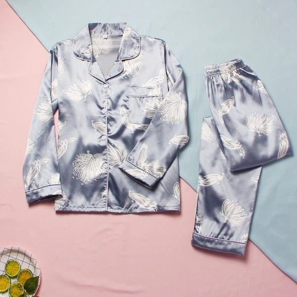 Women Silk Satin Pajamas Set Long Sleeve Button-Down Sleepwear Loungewear Charm
