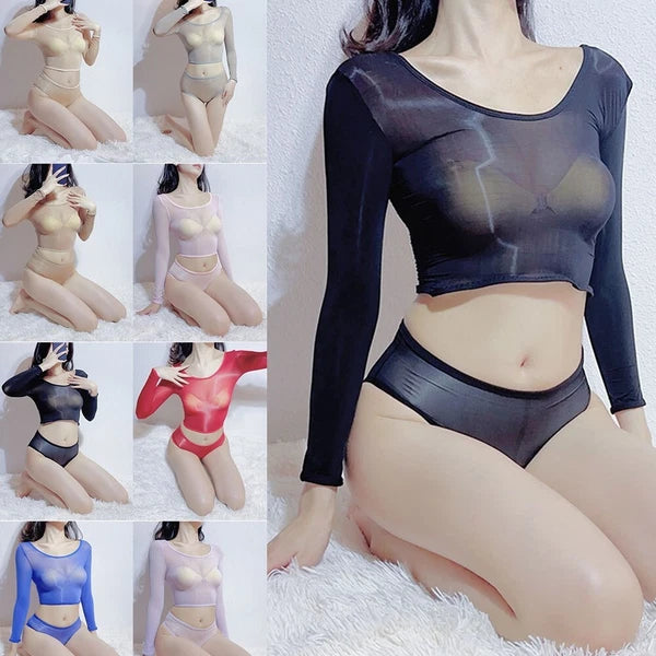 Womens Lingerie Set Slim Fit Crop Top With Briefs Stretchy Nightwear Sheer Sexy