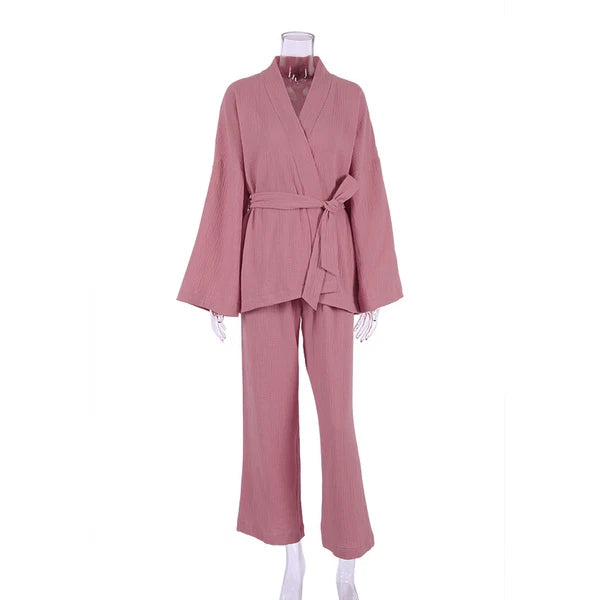 100% cotton women's nightgown pajamas set flared pajamas trousers set 2pcs
