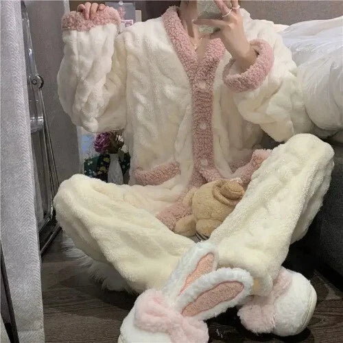 2 Pieces /Sets Winter Pajamas  Flannel Coral Long Sleeve  Suit Kawaii Velvet