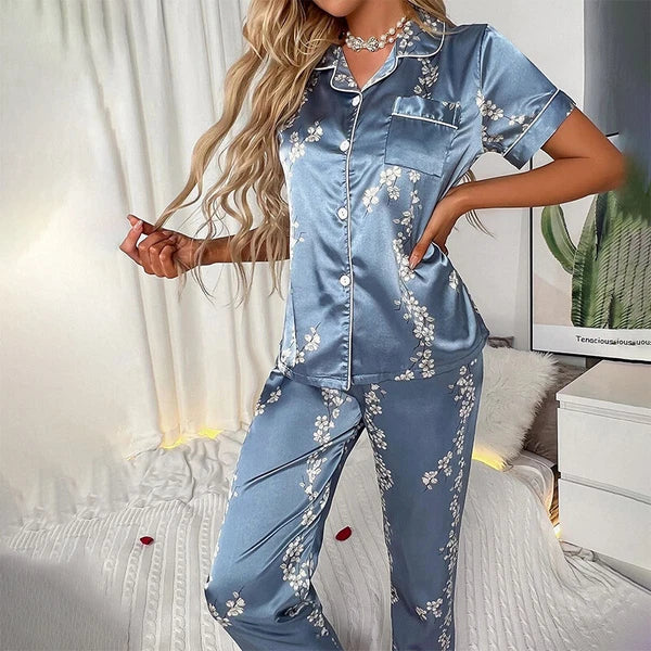 Women's Silk Satin Pajamas Set Short Sleeve Print Sleepwear Nightwear Pyjamas PJ