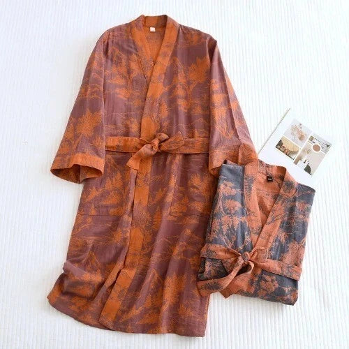 Women's Printed Cotton Loose Fitting Bathrobe Tie Up Sweat Steaming Robes