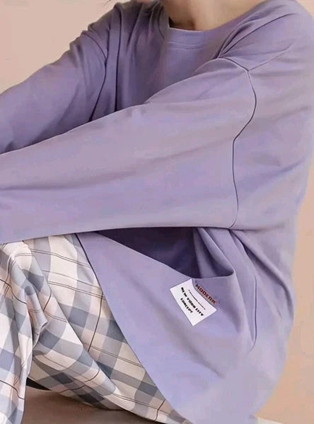 Plaid Print Crew Neck Pyjama Set Casual Long Sleeve Long Bottoms