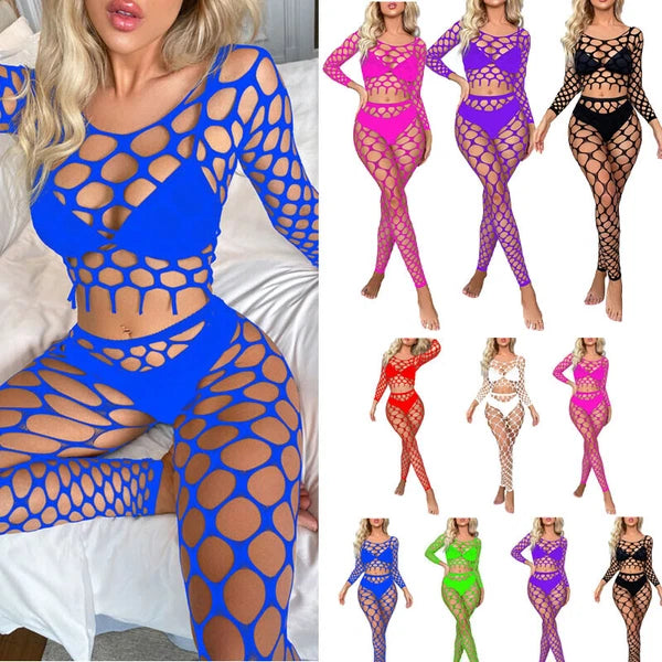 Womens Lingerie Sets Hollow Out See-Through Fishnet Nightwear Crop Top Leggings