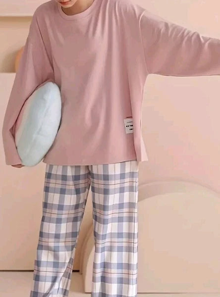 Plaid Print Crew Neck Pyjama Set Casual Long Sleeve Long Bottoms