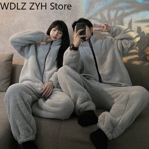 Pajamas Women Coral Fleece Homewear Suit Couple Men Velvet Warm Soft Pajamas Set