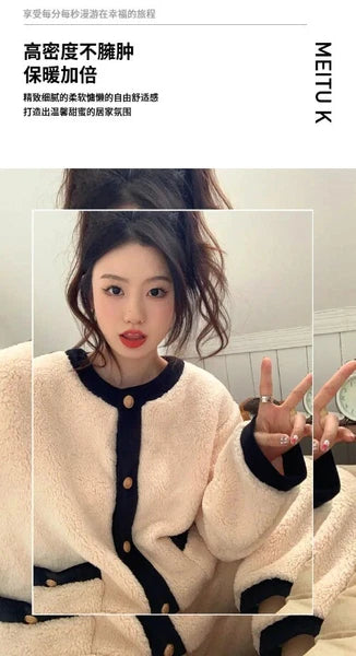 2 Pieces /Sets Winter Pajamas  Flannel Coral Long Sleeve  Suit Kawaii Velvet