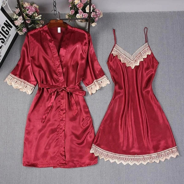 WOMEN'S PLAIN SILK SATIN PAJAMAS ROBE DRESS LINGERIE SLEEPWEAR NIGHTWEAR SET
